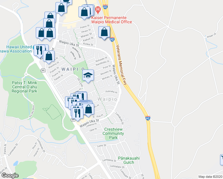 map of restaurants, bars, coffee shops, grocery stores, and more near 94-1152 Polinahe Place in Waipahu