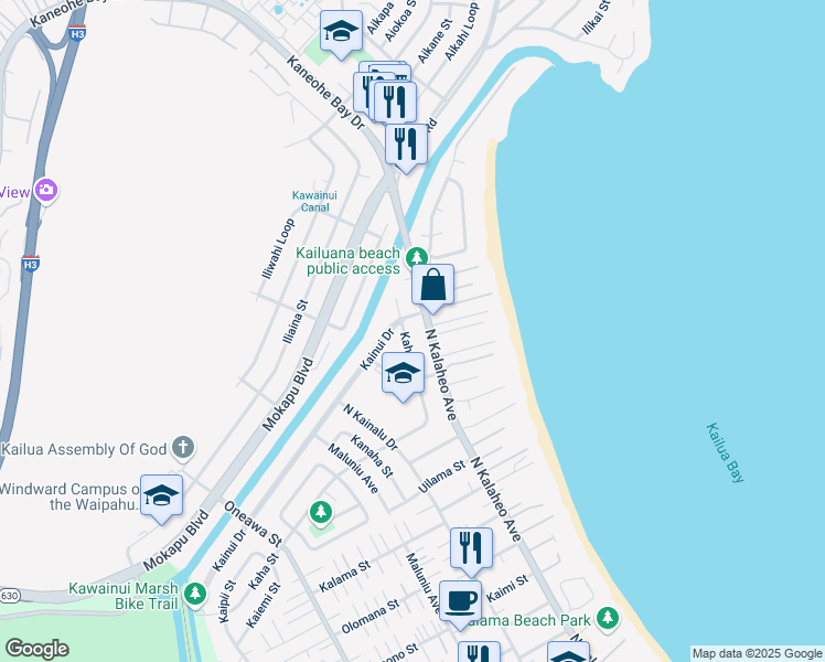 map of restaurants, bars, coffee shops, grocery stores, and more near 111 Kaha Street in Kailua