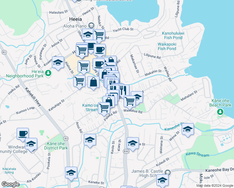 map of restaurants, bars, coffee shops, grocery stores, and more near 45-1021 Kamehameha Highway in Kaneohe