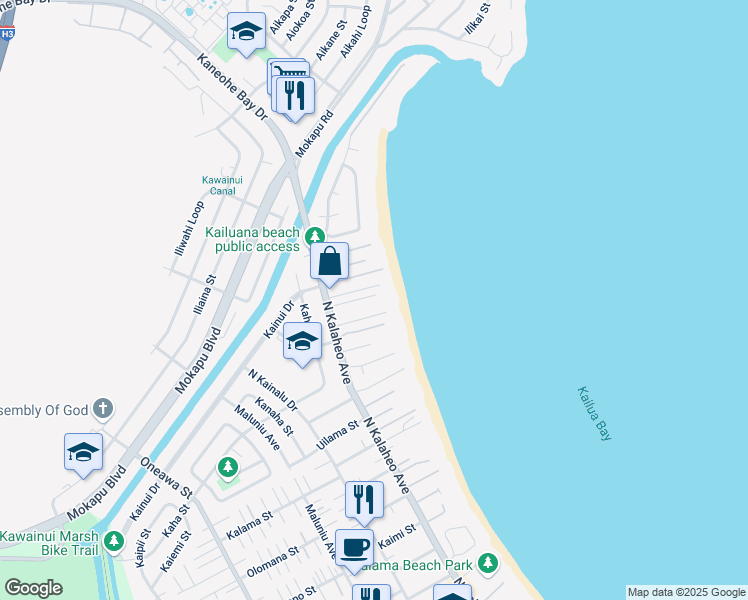 map of restaurants, bars, coffee shops, grocery stores, and more near 27 Kai Nani Place in Kailua