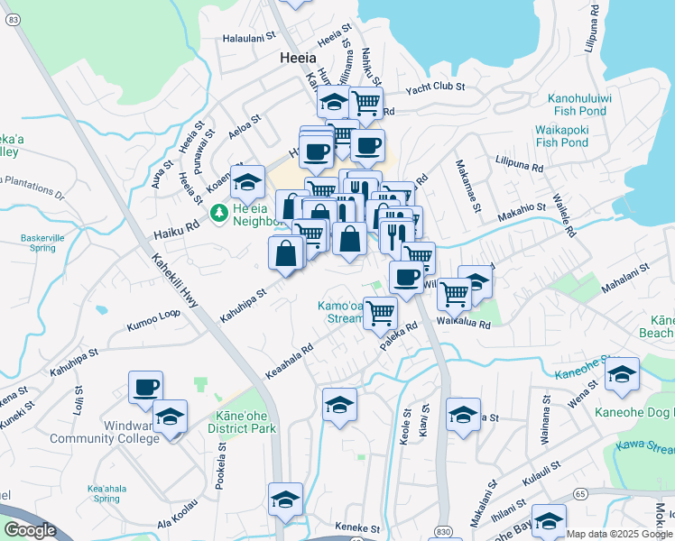 map of restaurants, bars, coffee shops, grocery stores, and more near 45-559 Pahia Road in Kaneohe