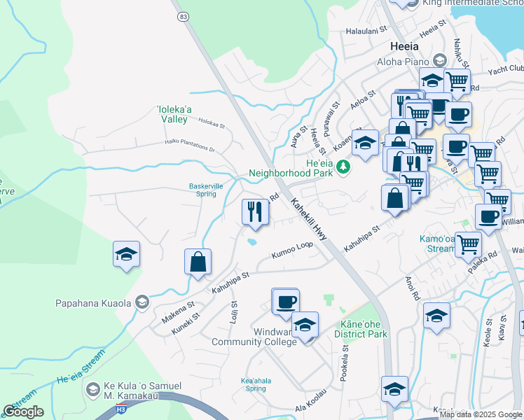map of restaurants, bars, coffee shops, grocery stores, and more near 85 Haiku Road in Kaneohe