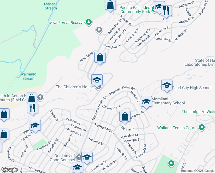map of restaurants, bars, coffee shops, grocery stores, and more near 1855 Komo Mai Drive in Pearl City