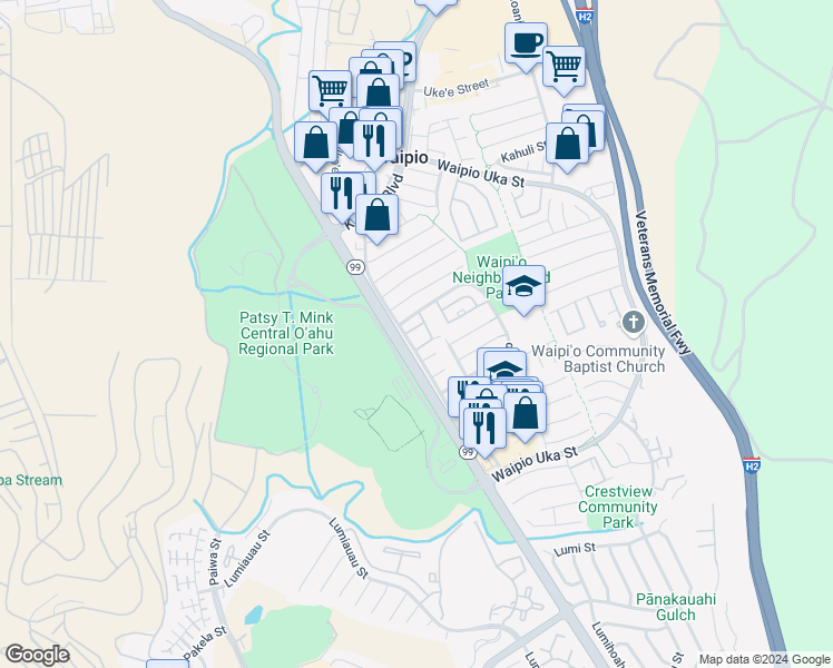 map of restaurants, bars, coffee shops, grocery stores, and more near 94-1016 Kaukahi Place in Waipahu