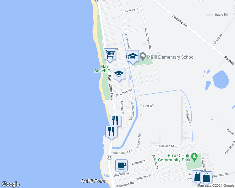 map of restaurants, bars, coffee shops, grocery stores, and more near 87-120 Saint Johns Road in Waianae
