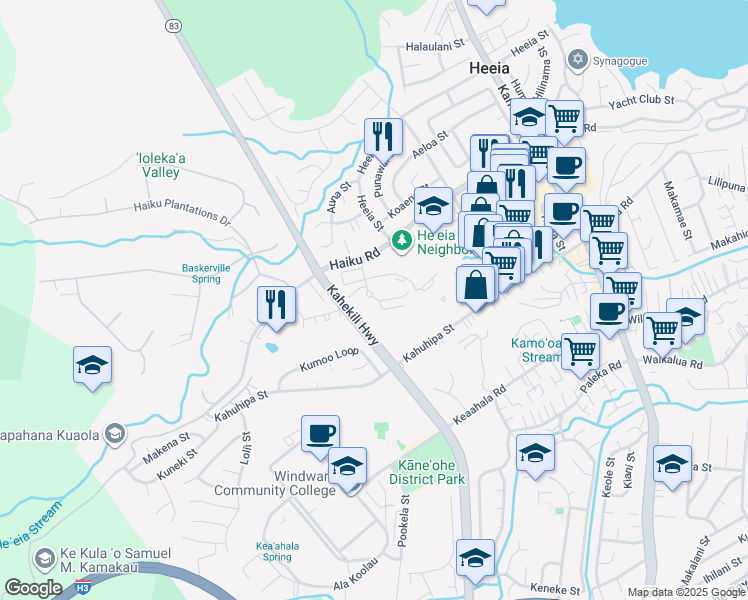 map of restaurants, bars, coffee shops, grocery stores, and more near 46-78 Emepela Place in Kaneohe