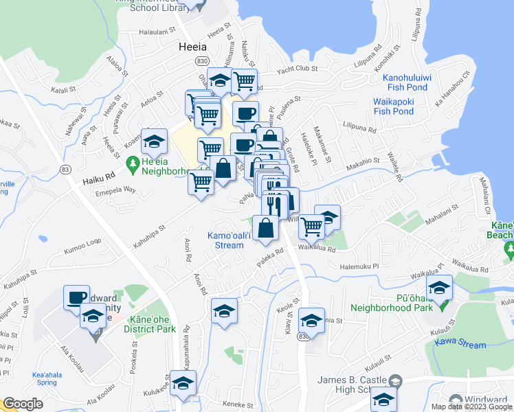 map of restaurants, bars, coffee shops, grocery stores, and more near 45-520 Pahia Road in Kaneohe