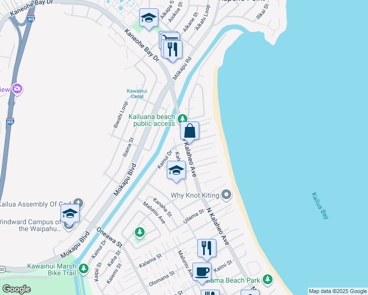 map of restaurants, bars, coffee shops, grocery stores, and more near 111 Kaha Street in Kailua
