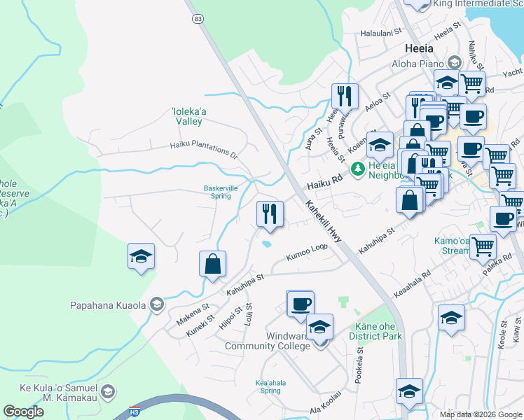 map of restaurants, bars, coffee shops, grocery stores, and more near 46-309 Holouka Place in Kaneohe