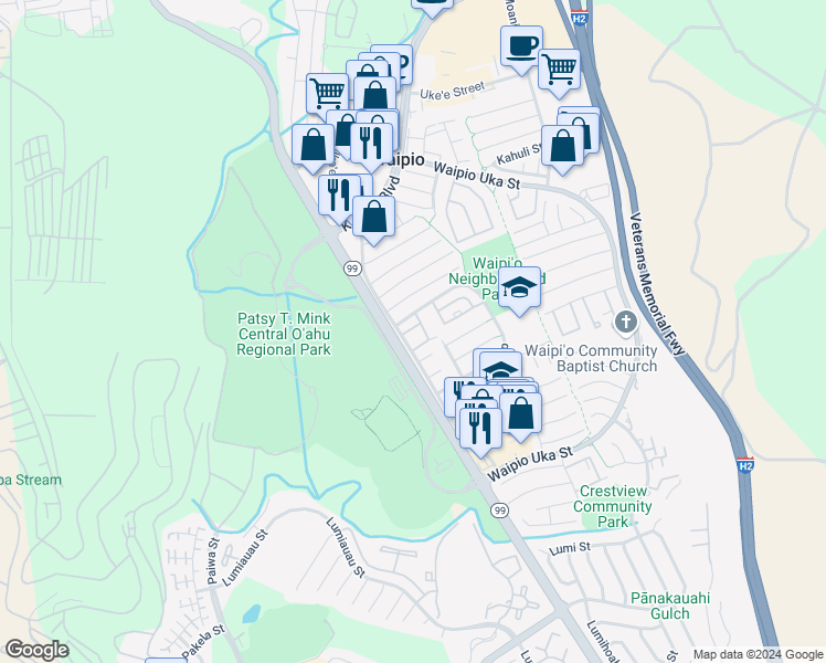 map of restaurants, bars, coffee shops, grocery stores, and more near 94-1016 Kaukahi Place in Waipahu