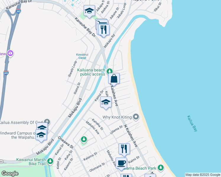 map of restaurants, bars, coffee shops, grocery stores, and more near 111 Kaha Street in Kailua
