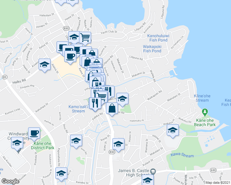 map of restaurants, bars, coffee shops, grocery stores, and more near 45-249 William Henry Road in Kaneohe