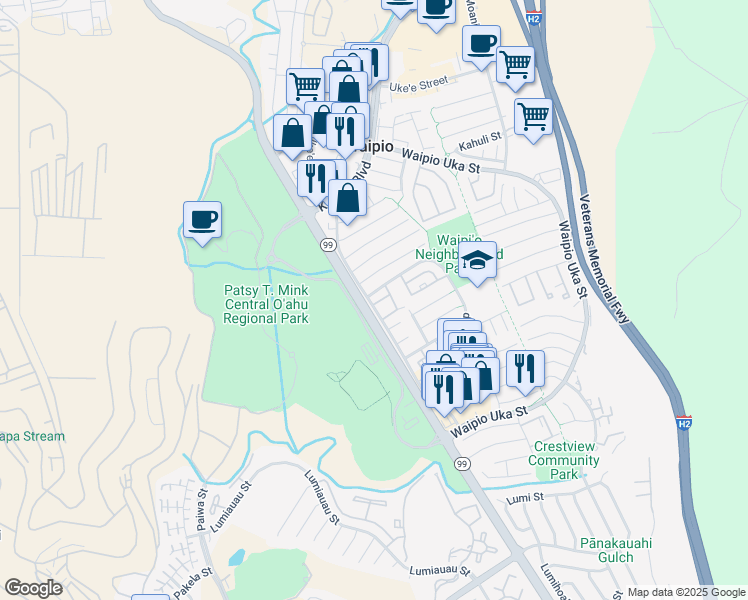 map of restaurants, bars, coffee shops, grocery stores, and more near 94-1016 Kaukahi Place in Waipahu
