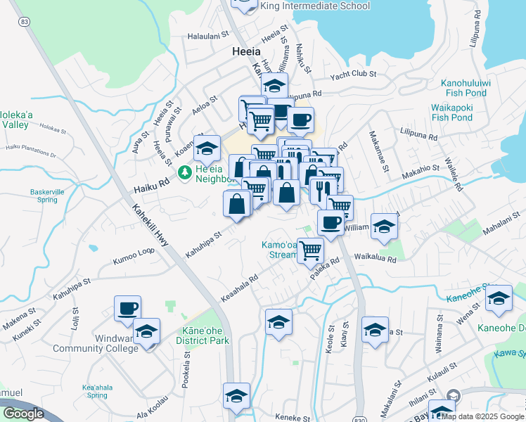 map of restaurants, bars, coffee shops, grocery stores, and more near 45-559 Pahia Road in Kaneohe