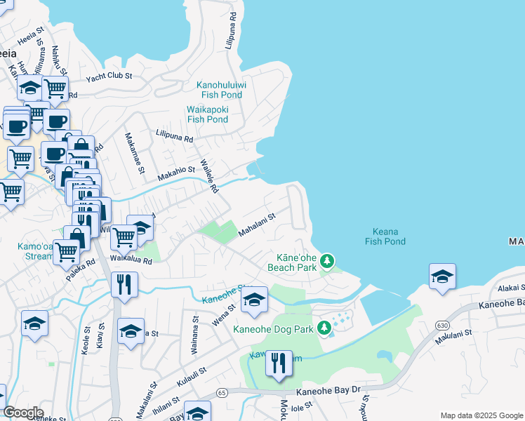 map of restaurants, bars, coffee shops, grocery stores, and more near 45-343 Mahalani Street in Kaneohe