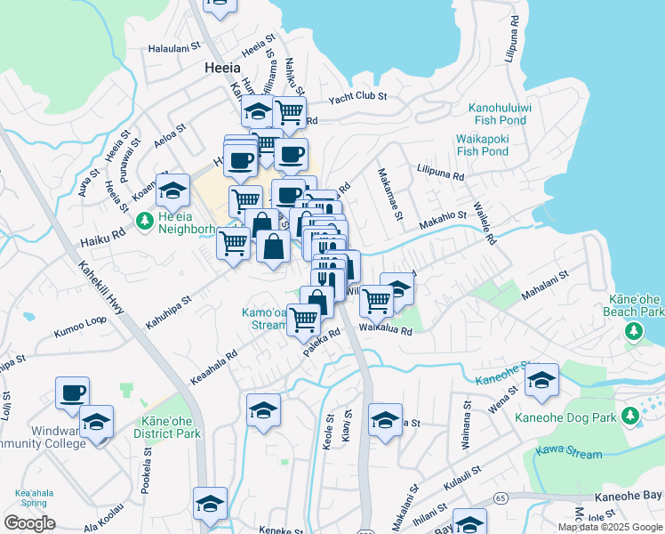 map of restaurants, bars, coffee shops, grocery stores, and more near 45 Kamehameha Highway in Kaneohe