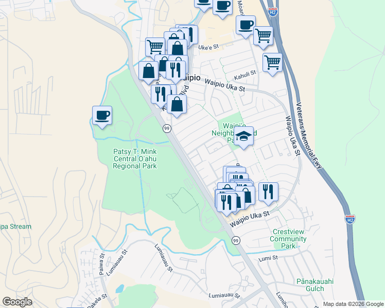 map of restaurants, bars, coffee shops, grocery stores, and more near 94-1042 Kaukahi Place in Waipahu