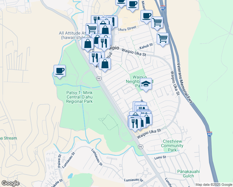 map of restaurants, bars, coffee shops, grocery stores, and more near 94-1016 Kaukahi Place in Waipahu