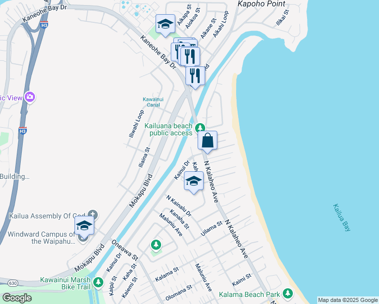 map of restaurants, bars, coffee shops, grocery stores, and more near 815 Kainui Place in Kailua