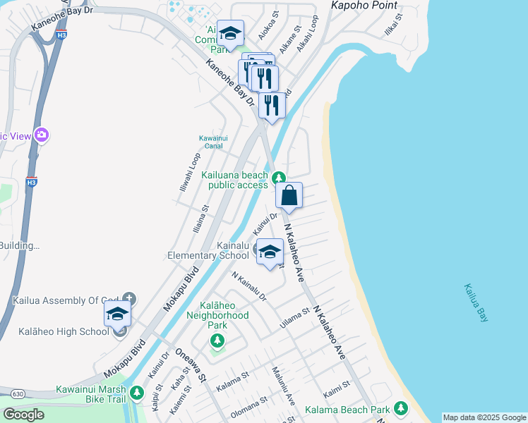 map of restaurants, bars, coffee shops, grocery stores, and more near 815 Kainui Place in Kailua