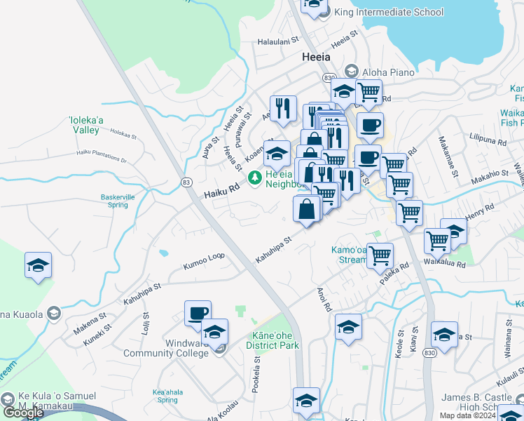 map of restaurants, bars, coffee shops, grocery stores, and more near 46-1058 Emepela Way in Kaneohe