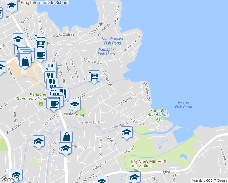 map of restaurants, bars, coffee shops, grocery stores, and more near 45-912 Wailele Road in Kaneohe