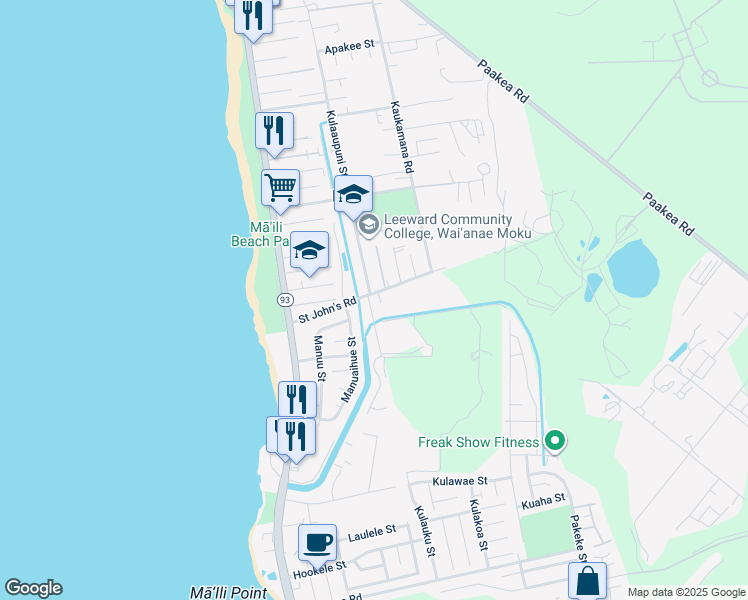 map of restaurants, bars, coffee shops, grocery stores, and more near 87 Kulaaupuni Street in Waianae