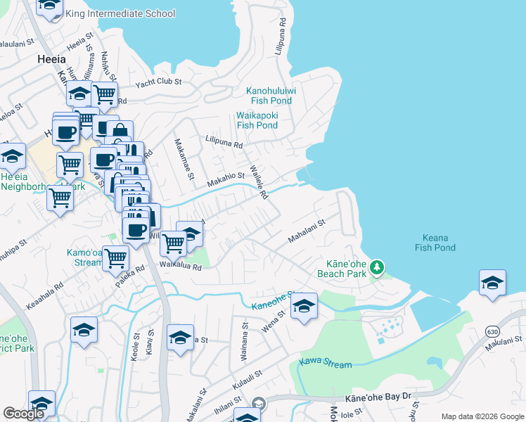map of restaurants, bars, coffee shops, grocery stores, and more near 45-112 William Henry Road in Kaneohe