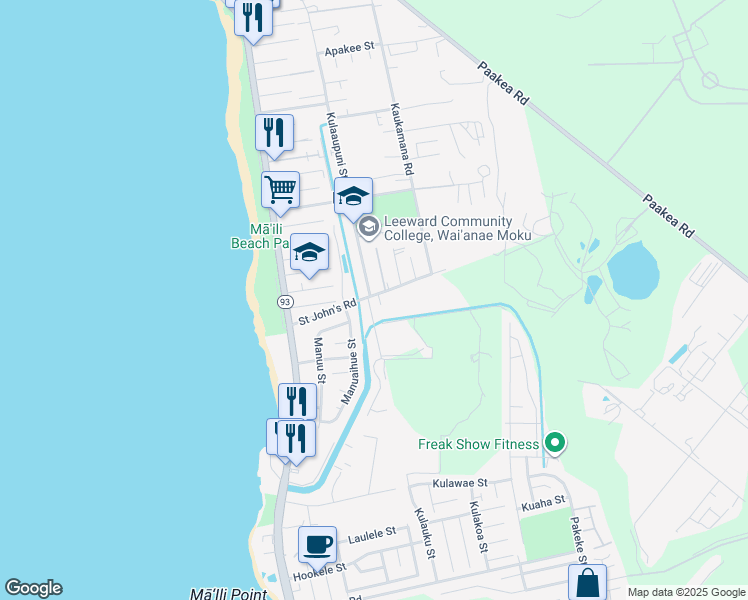 map of restaurants, bars, coffee shops, grocery stores, and more near 87-483 Kulaaupuni Street in Waianae