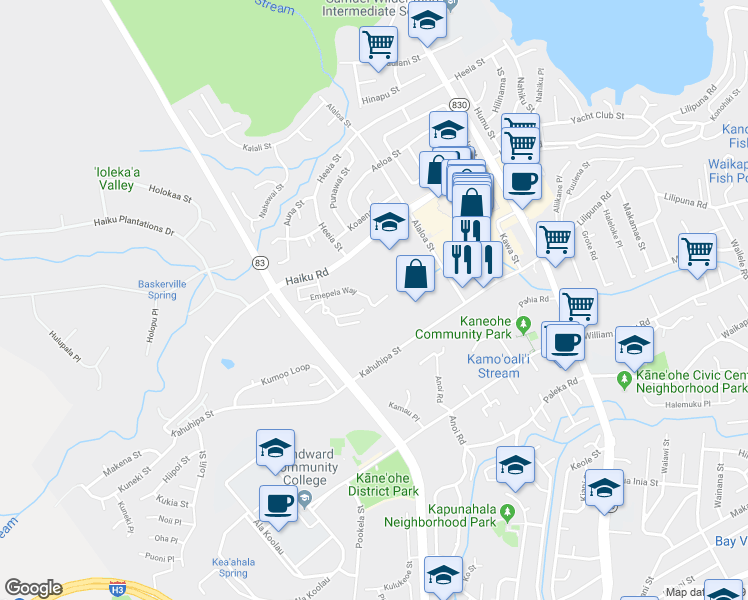 map of restaurants, bars, coffee shops, grocery stores, and more near 46-1060 Emepela Way in Kaneohe