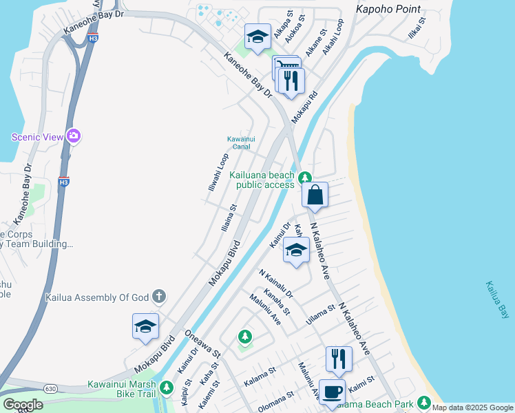 map of restaurants, bars, coffee shops, grocery stores, and more near 1045 Hawaii 65 in Kailua