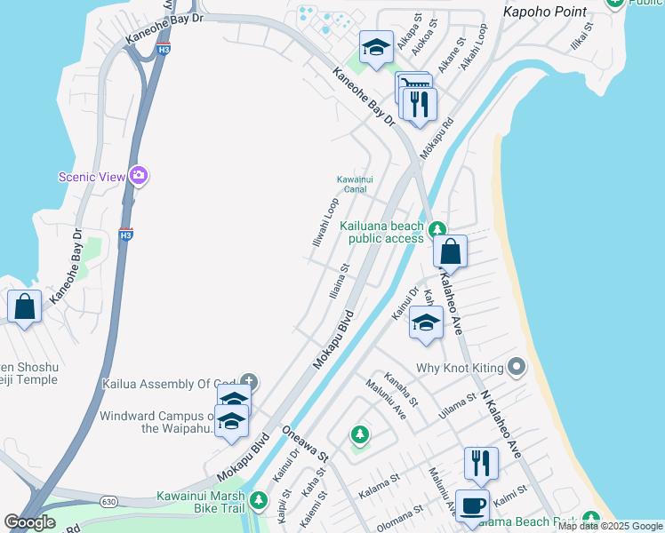map of restaurants, bars, coffee shops, grocery stores, and more near 456 Ilimano Street in Kailua