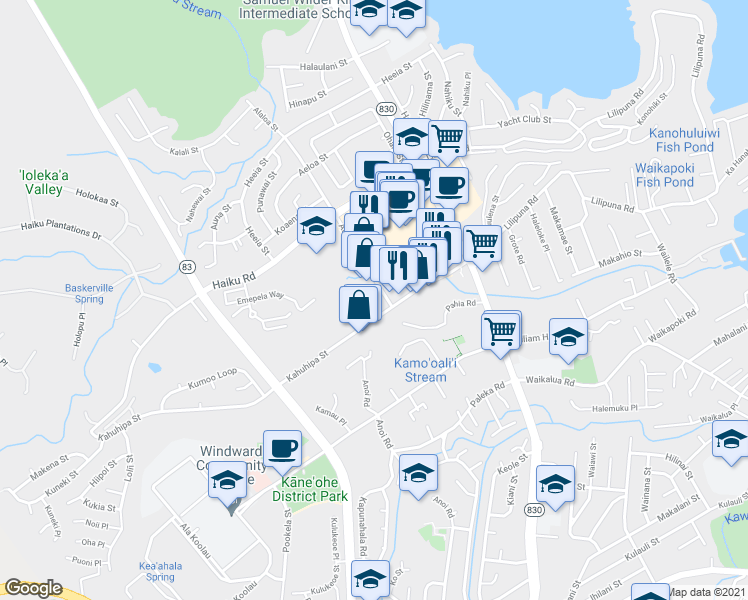 map of restaurants, bars, coffee shops, grocery stores, and more near 46-16 Alaloa Street in Kaneohe