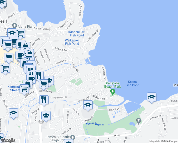 map of restaurants, bars, coffee shops, grocery stores, and more near 45-162 Mahalani Place in Kaneohe