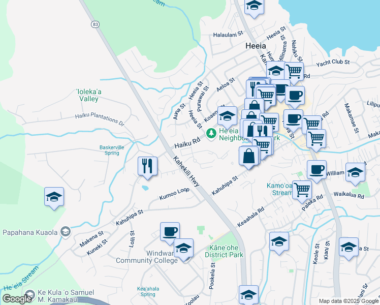map of restaurants, bars, coffee shops, grocery stores, and more near Emepela Place in Kaneohe