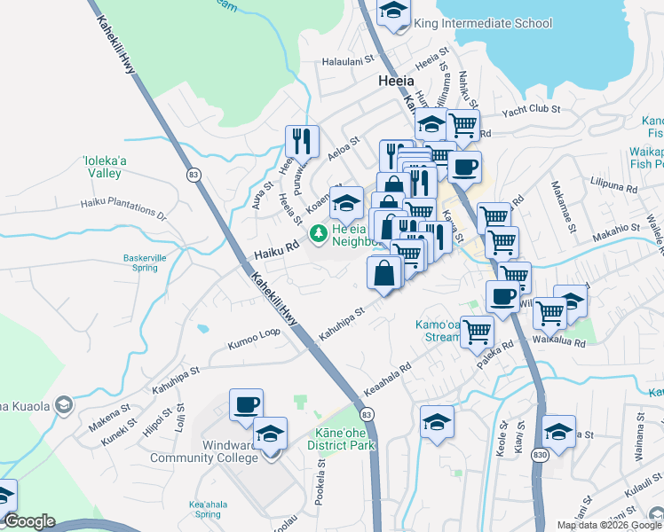 map of restaurants, bars, coffee shops, grocery stores, and more near 46-1058 Emepela Way in Kaneohe