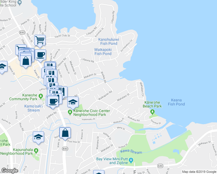 map of restaurants, bars, coffee shops, grocery stores, and more near 45-912 Wailele Road in Kaneohe