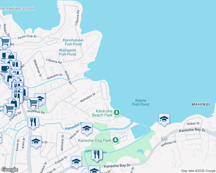 map of restaurants, bars, coffee shops, grocery stores, and more near 45-132 Mahalani Circle in Kaneohe