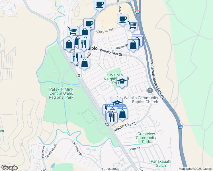 map of restaurants, bars, coffee shops, grocery stores, and more near 94-1082 Paawalu Street in Waipahu