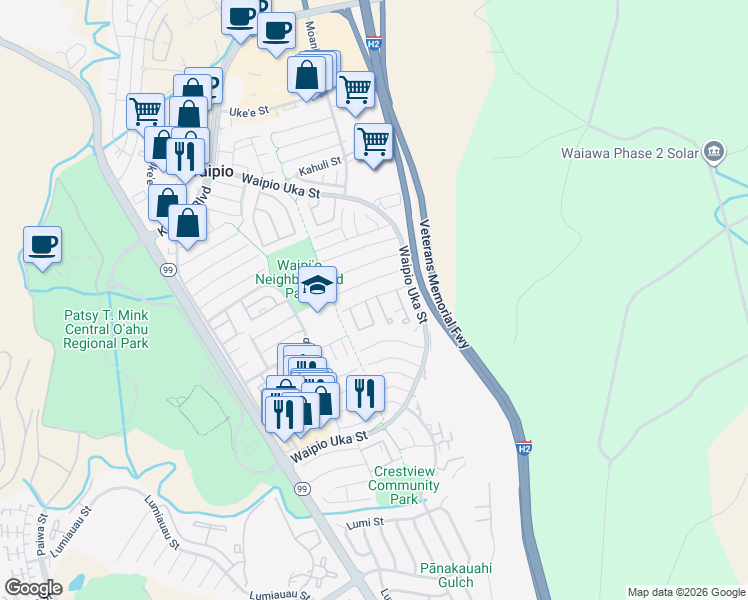 map of restaurants, bars, coffee shops, grocery stores, and more near 94-1144 Mohalu Street in Waipahu