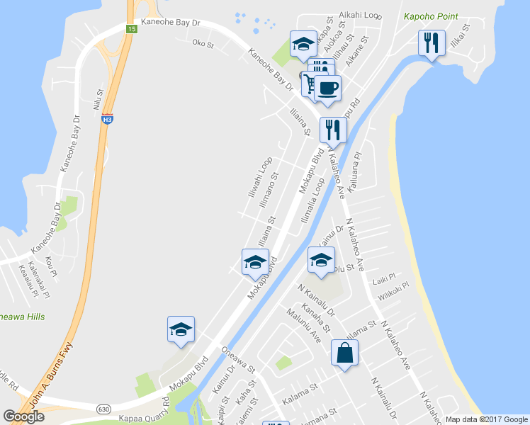 map of restaurants, bars, coffee shops, grocery stores, and more near 456 Ilimano Street in Kailua