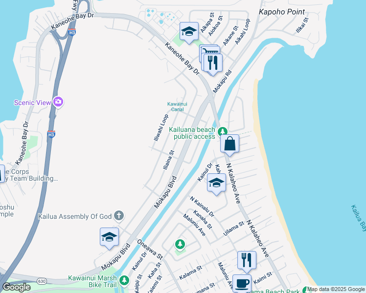 map of restaurants, bars, coffee shops, grocery stores, and more near 1045 Hawaii 65 in Kailua