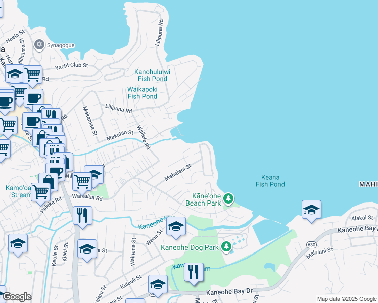 map of restaurants, bars, coffee shops, grocery stores, and more near 45-310 Puuloko Place in Kaneohe