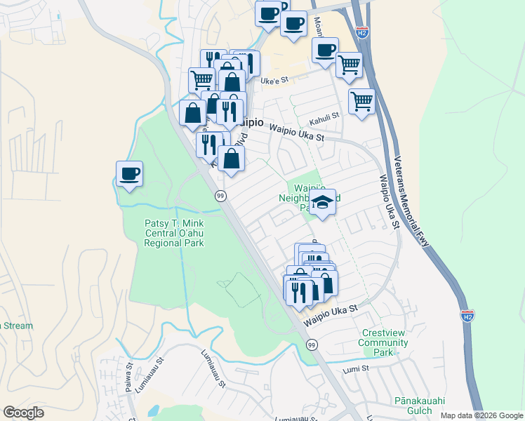map of restaurants, bars, coffee shops, grocery stores, and more near 94-1021 Palaiki Street in Waipahu