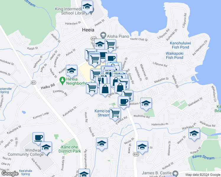 map of restaurants, bars, coffee shops, grocery stores, and more near 45-521 Pahia Road in Kaneohe