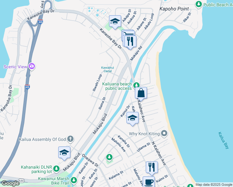 map of restaurants, bars, coffee shops, grocery stores, and more near 1045 Hawaii 65 in Kailua