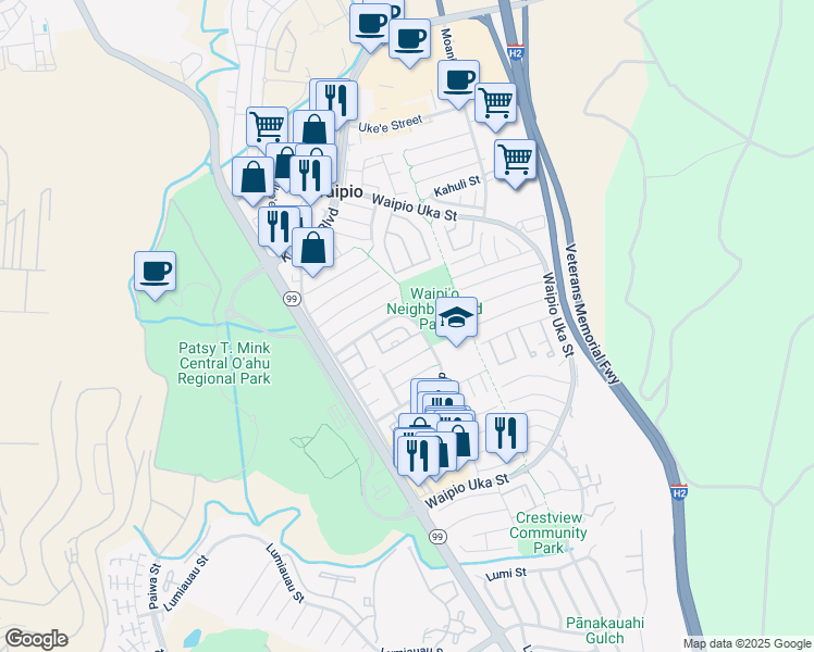 map of restaurants, bars, coffee shops, grocery stores, and more near 94-1082 Paawalu Street in Waipahu