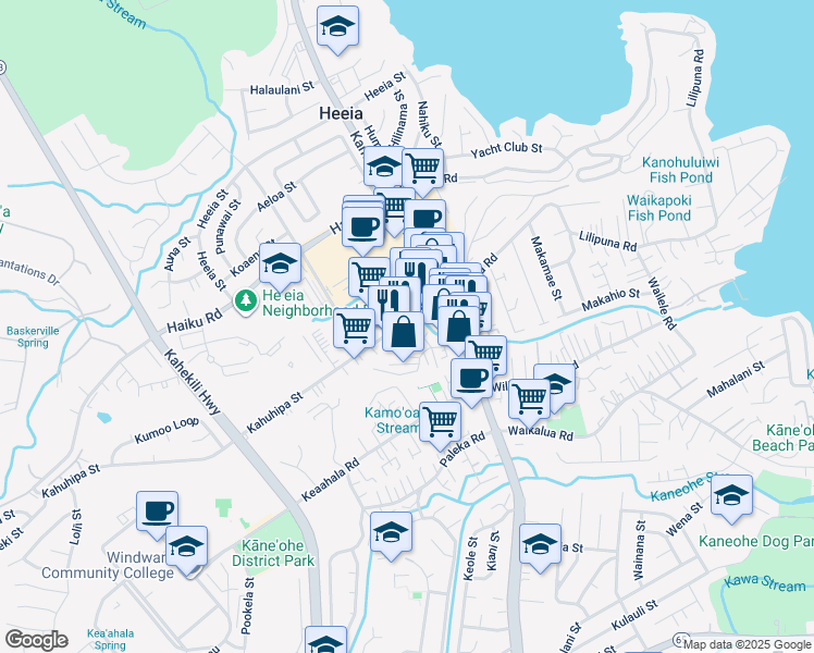 map of restaurants, bars, coffee shops, grocery stores, and more near 45-521 Pahia Road in Kaneohe