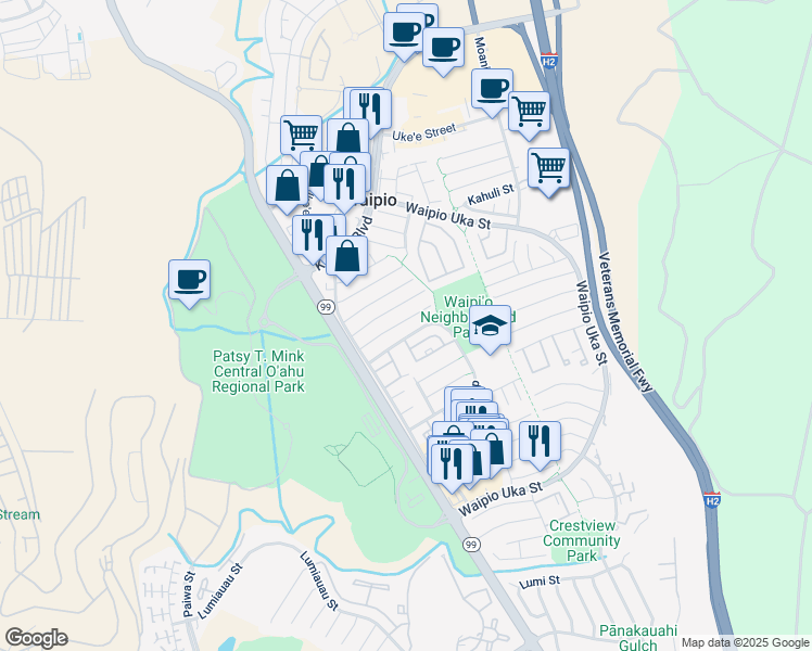 map of restaurants, bars, coffee shops, grocery stores, and more near 94-1082 Paawalu Street in Waipahu