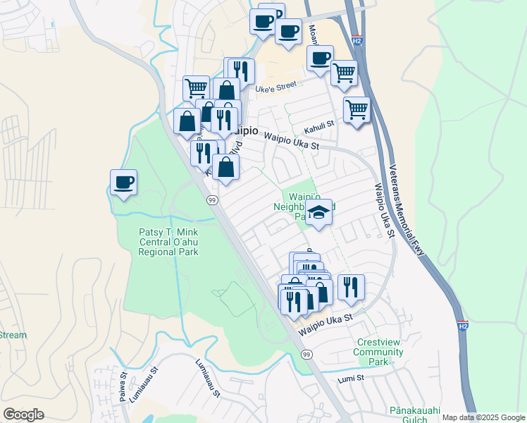 map of restaurants, bars, coffee shops, grocery stores, and more near 94-1082 Paawalu Street in Waipahu